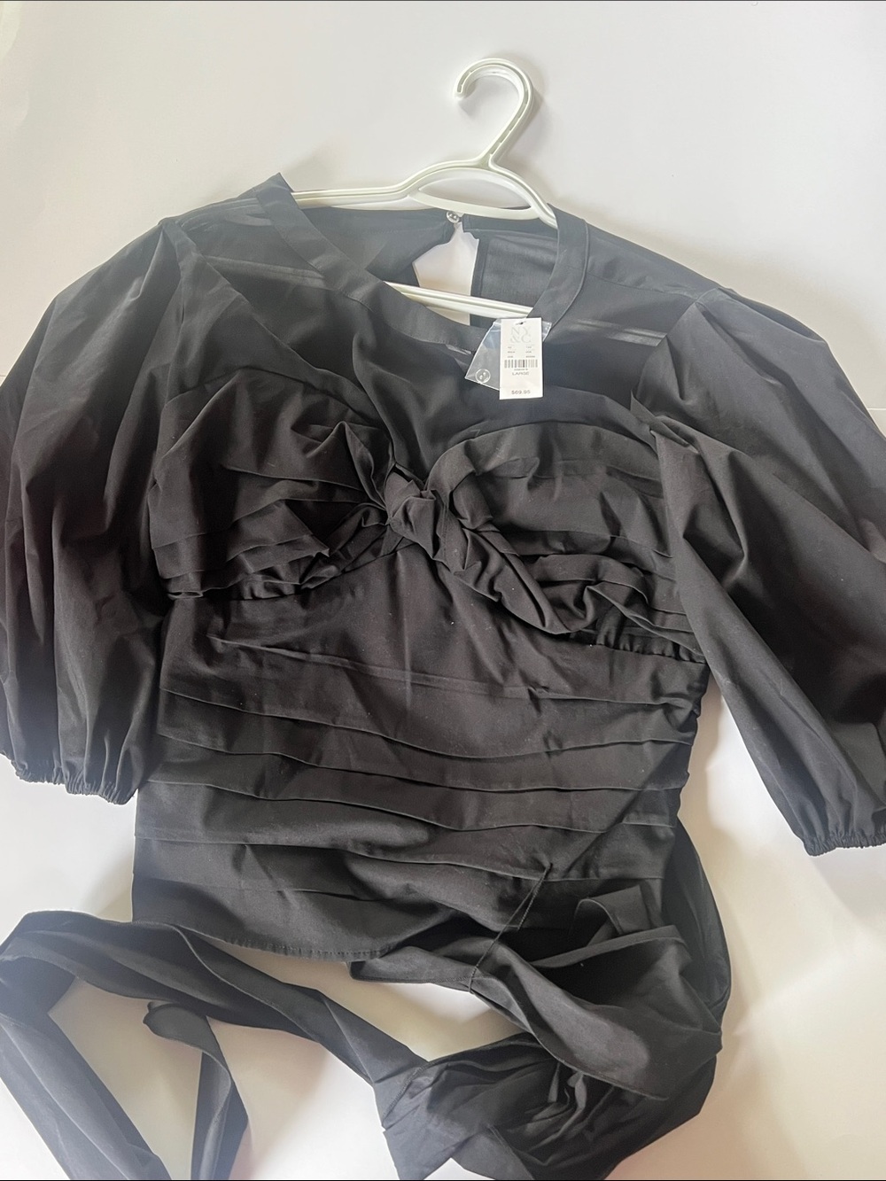 New York & Company Black Puff Sleeve Tie-Back Peplum Top